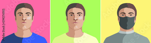 Three different pictures of one handsome white caucasian male with brown hair. Serious man, smiling guy and a male in mask. Modern vector flat illustration.