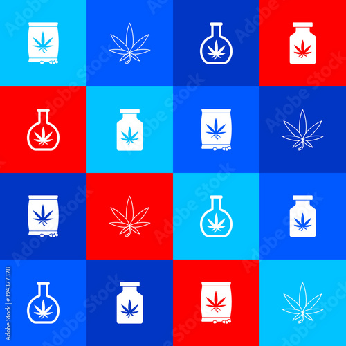 Set Marijuana or cannabis seeds, leaf, Test tube with marijuana and Medical bottle icon. Vector.