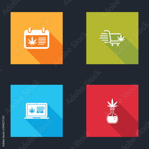 Set Calendar and marijuana, Shopping cart with, Online buying and Test tube icon. Vector.