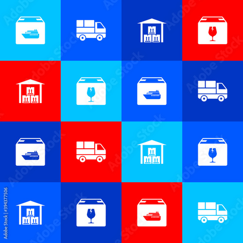 Set Cargo ship with boxes, Delivery truck, Warehouse and fragile content icon. Vector.