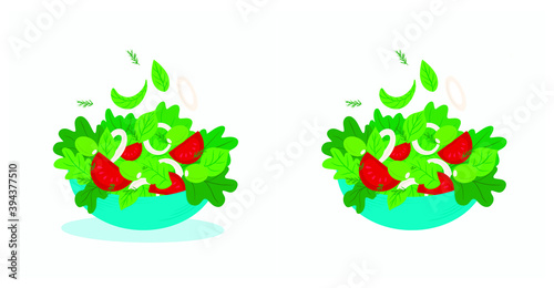 Set of vector illustrations. Blue salad Cup, vegetable salad isolated on white background.