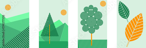 Set of 4 geometric design posters, vector nature template with different shapes elements, modern style, vintage colors.