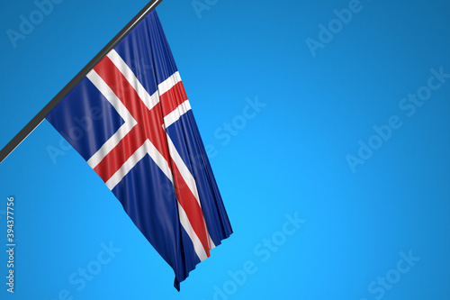 3D illustration of the national flag of Ireland on a metal flagpole fluttering against the blue sky.Country symbol.
