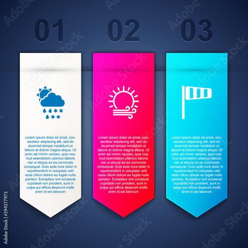 Set Cloud with snow, rain, sun, Wind and and Cone windsock wind vane. Business infographic template. Vector.