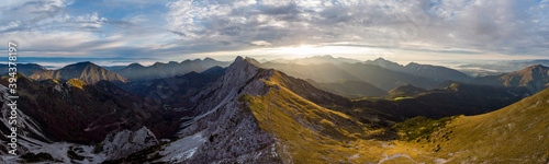 Spectacular mountain ridge viewed from above at sunrise.