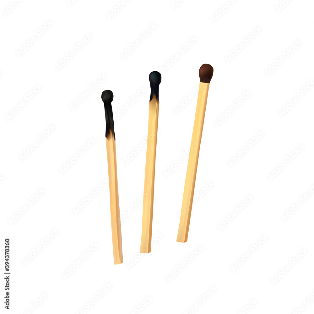 Set of realistic vector safety matches. Wooden new and burnt, charred match sticks isolated on white background. Mesh Matchstick symbol of Ignite, Fire, Burn, Flame, fire, Danger, Flammable, caution Set of realistic vector safety matches. Wooden new and burnt, charred match sticks isolated on white background. Mesh Matchstick symbol of Ignite, Fire, Burn, Flame, fire, Danger, Flammable, caution