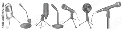 Vector microphones set in different styles for voice record. Professional sound recording equipment. Dynamic and condenser microphones for audio podcast broadcast or music. Illustration isolated.
