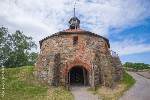 The ancient round tower of Lars Torstensson in the Korela fortress close-up. Priozersk, Leningrad region. Russia
