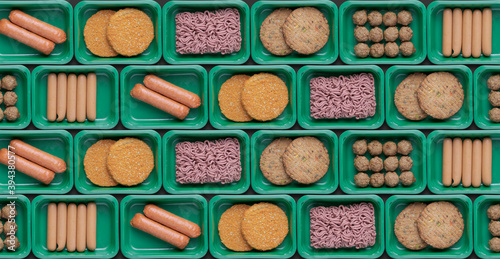 pattern of trays with vegetarian plant based mock meat