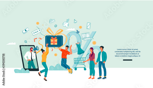 Online shopping promotion, discounts and customer referral program web banner. E-commerce and mobile marketing site with shoppers interested in making purchases through customer acquisition programs.
