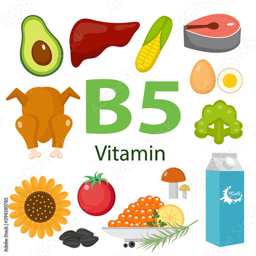 Infographic set of vitamin B5 and useful products avocado, cauliflower, egg, bean, corn, milk, fig, mushroom. Healthy lifestyle and diet vector concept