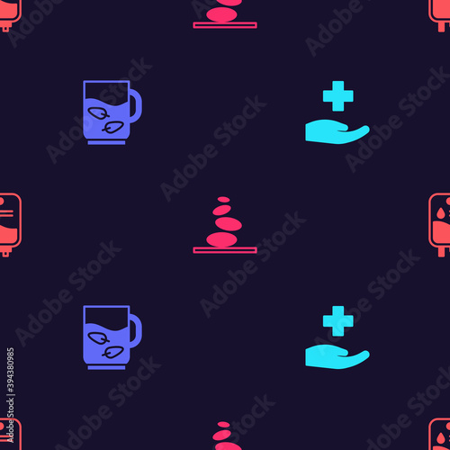 Set Cross hospital medical, Cup of tea and leaf, Stack hot stones and IV bag on seamless pattern. Vector.
