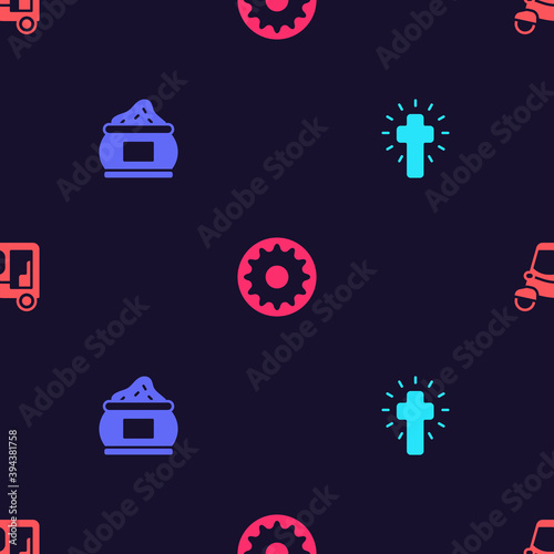 Set Christian cross, Indian spice, Chakra and Taxi tuk tuk on seamless pattern. Vector.