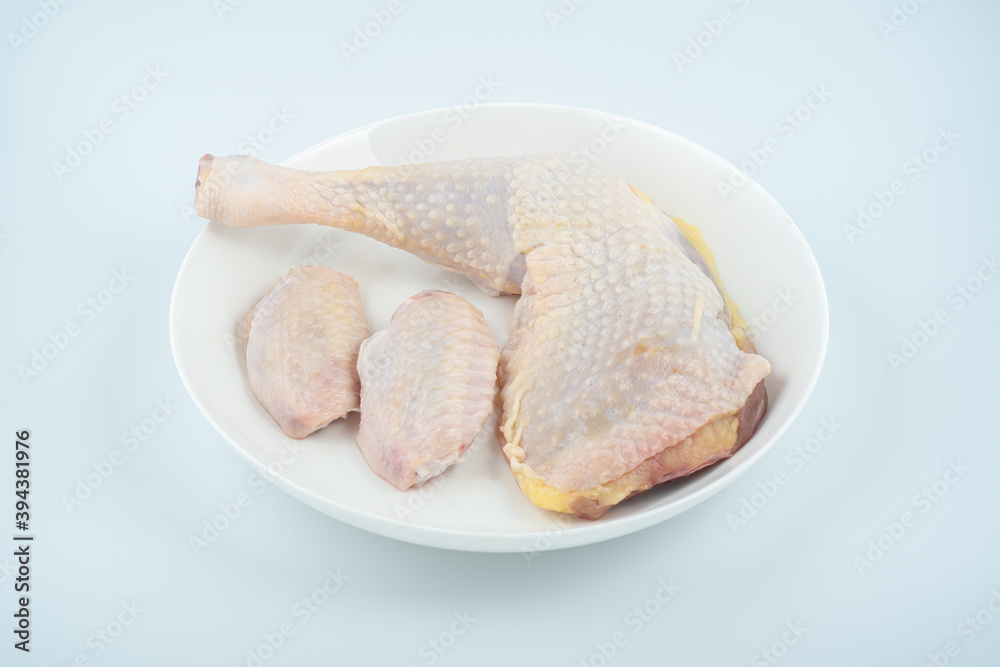 Two chicken wings and chicken leg on the plate.
Two chicken wings and chicken leg on the plate.