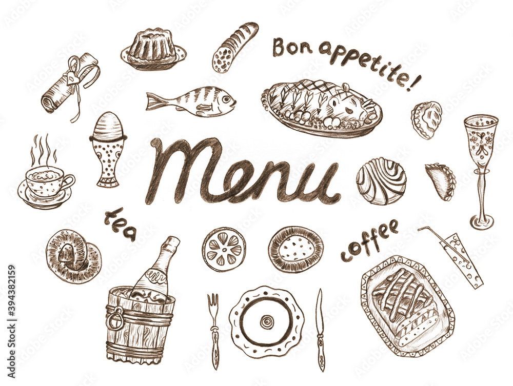 Food and drink illustrations in retro style made by sepia tone pencil