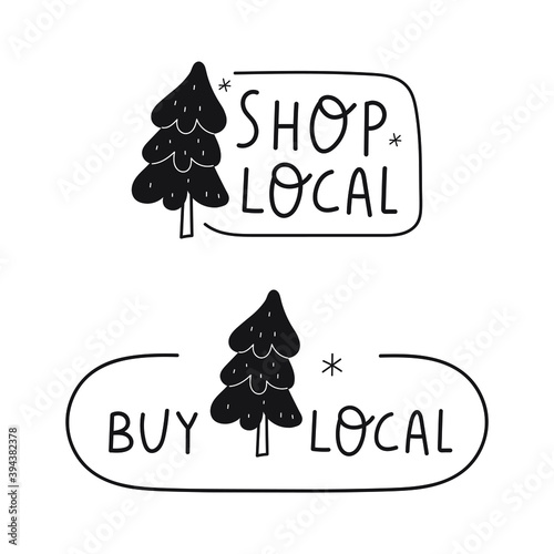 Shop local. Two badges. Christmas concept. Vector illustration on white background.