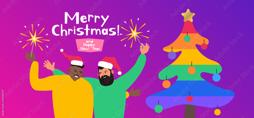 lgbt gay couple two men with sparklers merry christmas and happy new year vector illustration lgbt gay couple two men with sparklers merry christmas and happy new year vector illustration