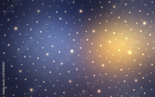 Fantasy cosmic starry sky abstract graphic. Yellow flash and lights on dark blue background.