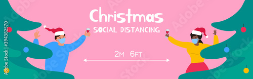 christmas social distancing man and woman in medical masks with alcohol beverages near spruce trees vector illustraion