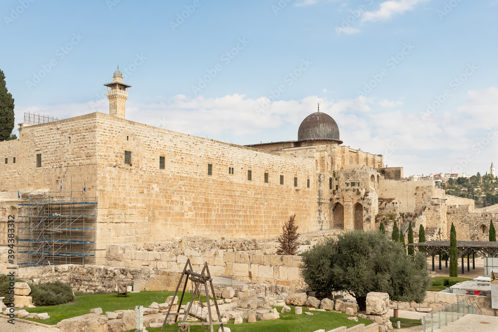The walls of the Temple Mount, Al-Aqsa Mosque and the Minaret over the Islamic Museum in the Old Town of Jerusalem in Israel