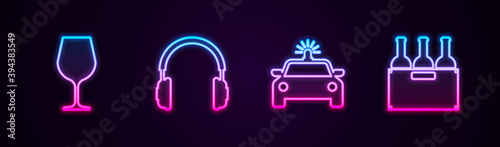 Set line Wine glass, Headphones, Police car and flasher and Bottles of wine box. Glowing neon icon. Vector.