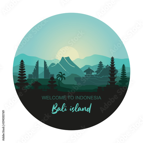 Round illustration with abstract landscape of the Indonesian island of Bali with the main attractions