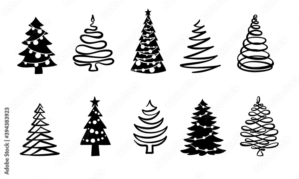 Christmas tree black and white symbols. Fir tree line drawing, vector icon. Holiday design elements isolated on white. Simple shape concept. For winter season cards, New year party posters and banners