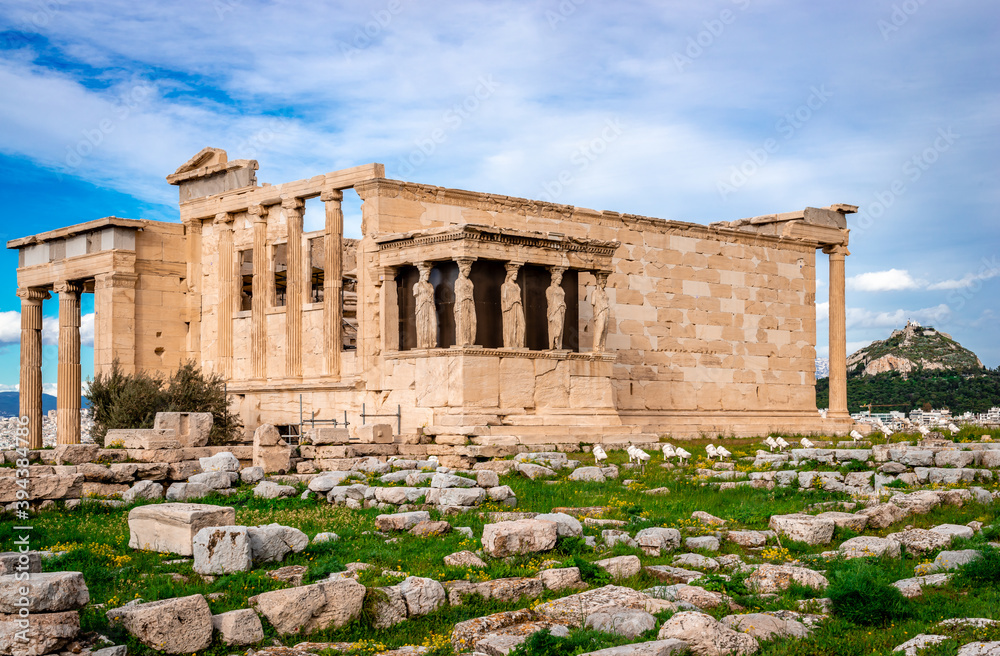 The Erechtheion or Erechtheum, an ancient Greek temple on the north side of the Acropolis of Athens in Greece, dedicated to Athena and Poseidon.