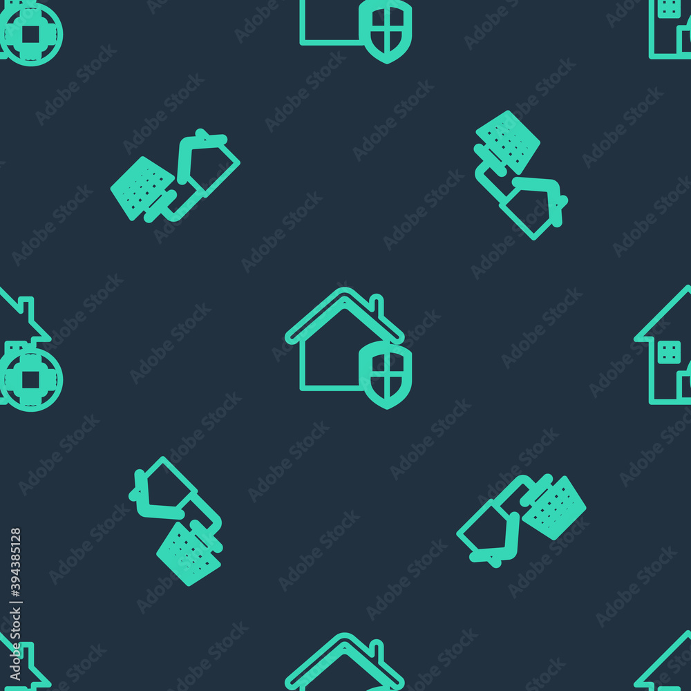 Fototapeta premium Set line House under protection, with solar panel and Smart home on seamless pattern. Vector.