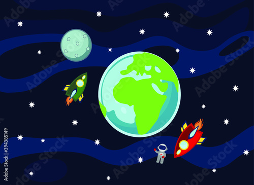 rocket, planet, space, astronaut, earth, sun, vector illustration of the cosmic world