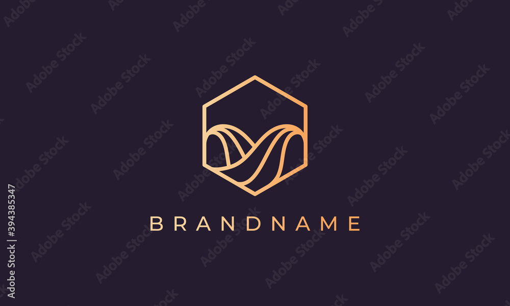 ocean wave logo with hexagon base shape and line art style and in gold ocean wave logo with hexagon base shape and line art style and in gold