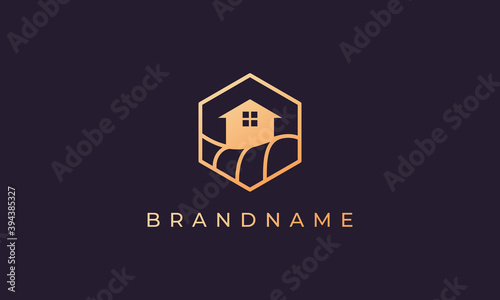 apartment logo with a hexagon base shape with ocean wave and window