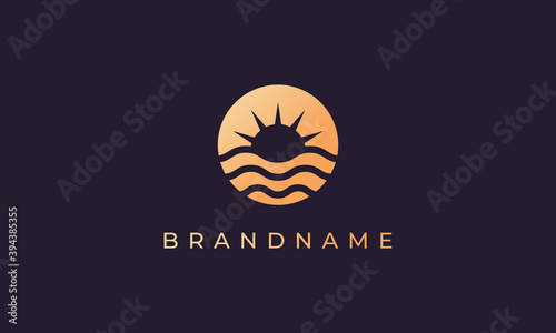 wave of sea water and sun in the form of abstract circle in gold are suitable for logo and icon