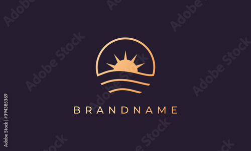Ocean wave and sun in a circle with a gold line art style suitable for logo and icon