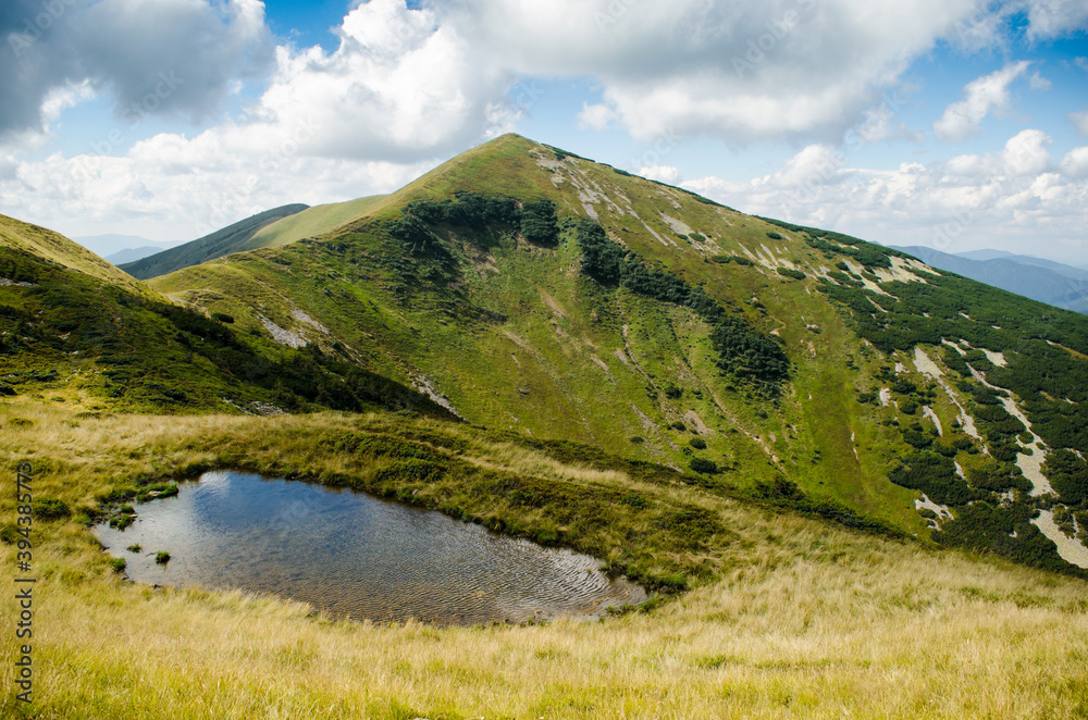 Summer mountain landscape with a lake in the foreground