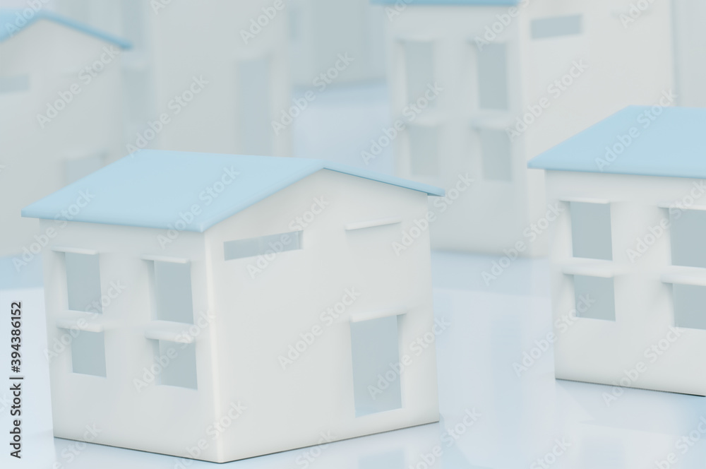 Group of blue and white small houses model on white background,with business concept of real estate, agents, insurance and home loans,for banner and advertising 3d rendering illustration.