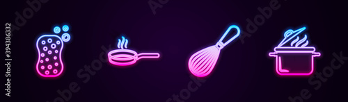 Set line Sponge with bubbles, Frying pan, Kitchen whisk and Cooking pot. Glowing neon icon. Vector.
