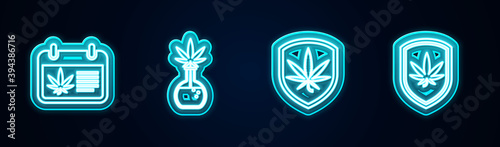 Set line Calendar and marijuana, Test tube with, Shield and . Glowing neon icon. Vector.