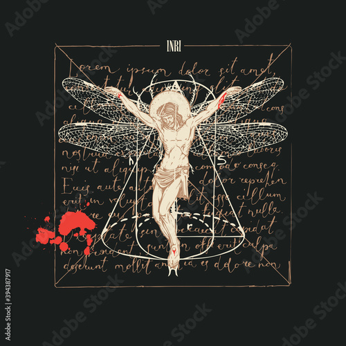 Hand-drawn illustration with a crucifix and the inscription INRI on old paper. Abstract religious banner with Jesus Christ with dragonfly wings on the background of handwritten text lorem ipsum