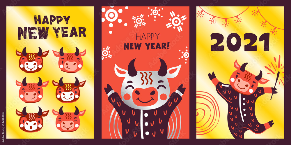 Set of greeting cards. Merry Christmas and Happy New Year! Chinese postcards with funny bulls. Vector illustration in traditional oriental colors. The year of the bull is 2021.