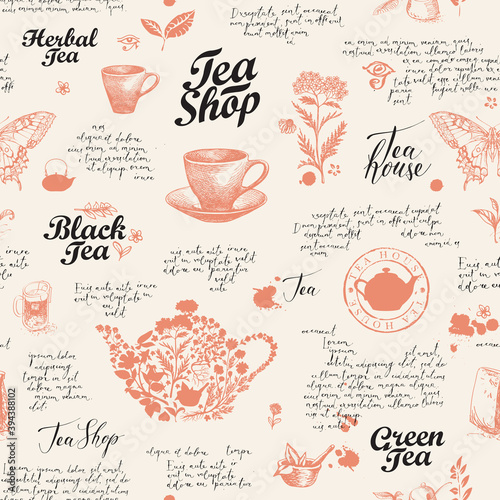 Seamless pattern on the theme of tea and tea shop with sketches, inscriptions and handwritten text lorem ipsum. Vector abstract background with pencil drawings. Wallpaper, wrapping paper, fabric