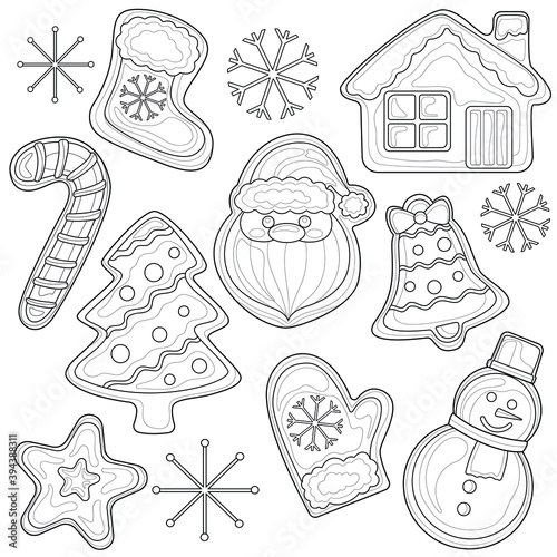 Gingerbread christmas.Coloring book antistress for children and adults.Zen-tangle style.Black and white drawing