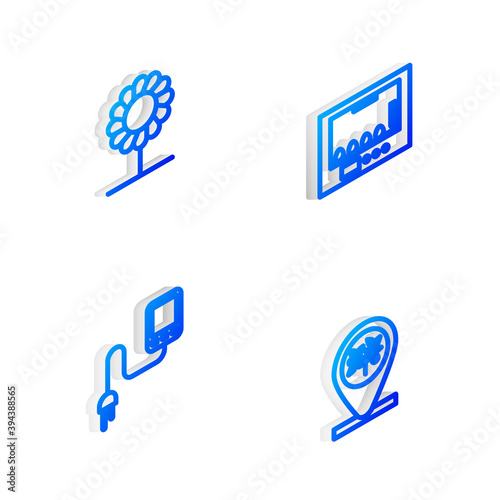 Set Isometric line Incubator for eggs, Flower, Sensor and Location and tree icon. Vector.