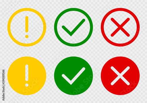 Set of flat round check mark, exclamation point, X mark icons, buttons  on a isolated background.Green red yellow vector circle symbols. Red check mark icon vector.Stock vector. Vector illustration