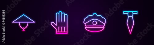 Set line Asian conical hat, Leather glove, Police cap with cockade and Tie. Glowing neon icon. Vector.