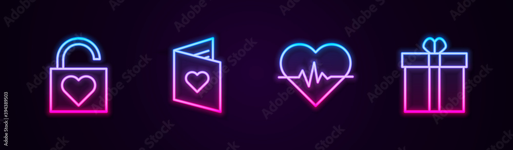Set line Lock and heart, Valentines day flyer with, Heart rate and Gift box. Glowing neon icon. Vector. Set line Lock and heart, Valentines day flyer with, Heart rate and Gift box. Glowing neon icon. Vector.