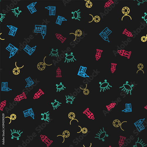 Set line Church building, Pastafarianism, Star of David necklace on chain and pastor preaching on seamless pattern. Vector.