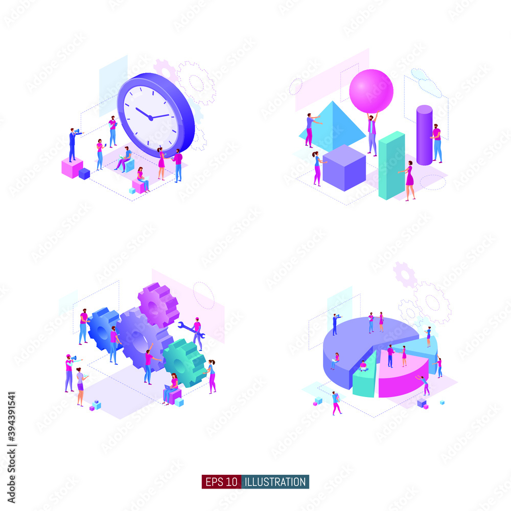 Trendy flat illustration set. Teamwork metaphor concept. Office workers planing business mechanism, analyze business strategy and exchange ideas. Template for design works. Vector graphics.
