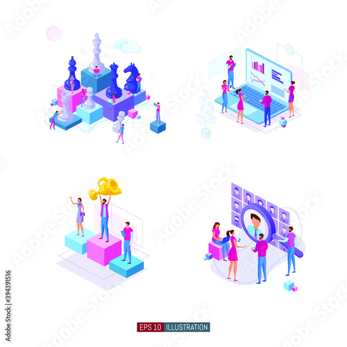 Trendy flat illustration set. Teamwork metaphor concept. Office workers planing business mechanism, analyze business strategy and exchange ideas. Template for design works. Vector graphics.
