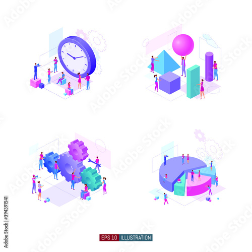 Trendy flat illustration set. Teamwork metaphor concept. Office workers planing business mechanism, analyze business strategy and exchange ideas. Template for design works. Vector graphics.